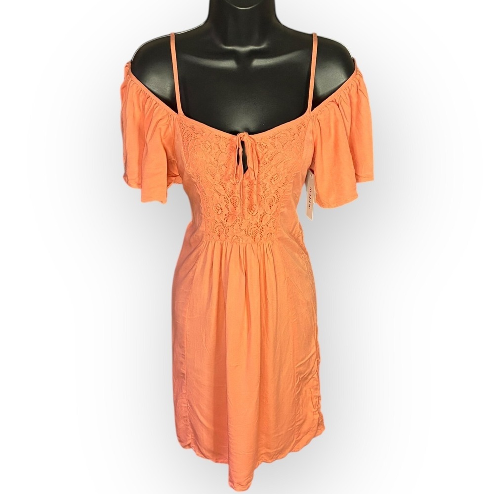 Lace Off Shoulder Peach Orange Pink Short Tie Waist Sundress Flutter Sleeve M